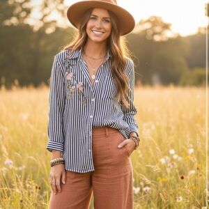 Velvet Heart Navy and White Striped Shirt embroidered/ boho / whimsical / preppy